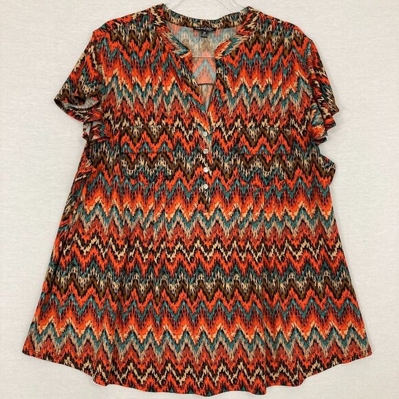 Ava & Grace Red Multi Color Chevron Stretch Short Sleeve Popover Blouse 3X - Picture 1 of 8